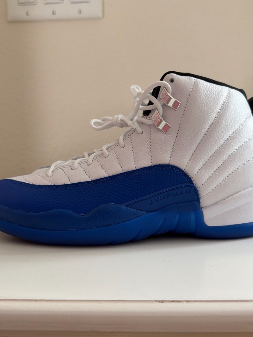 Jordan High-Top Sneaker in White and Royal Blue